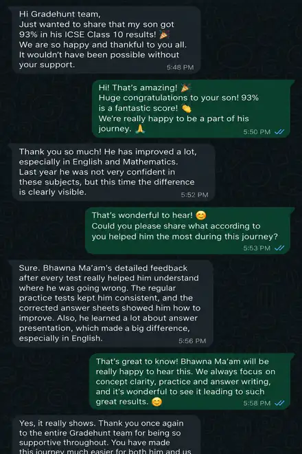 A parent shares that their son scored 93% in ICSE Class 10 and thanks Gradehunt for the feedback after every test.