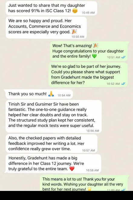 A parent shares that their daughter scored 91% in ISC Class 12 and thanks Gradehunt for the mock tests and checked papers.