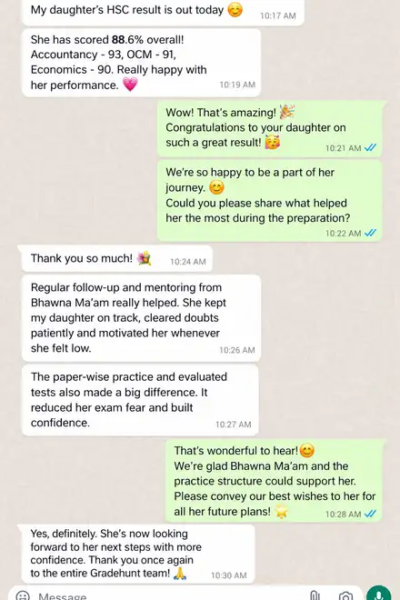 A parent shares that their daughter scored 88.6% in HSC and thanks Gradehunt for the evaluated tests.