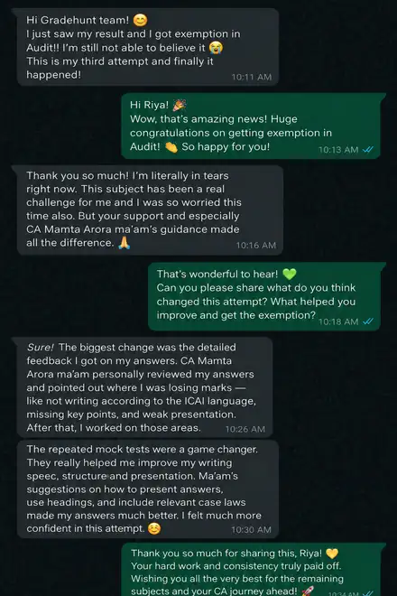 A student gets an exemption in Audit on their third attempt and thanks GradeHunt for the detailed feedback on their answers.