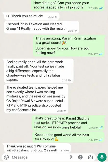 A student clears CA Inter Group 1 with 72 in Taxation and thanks GradeHunt for the chapter-wise tests and evaluated papers.