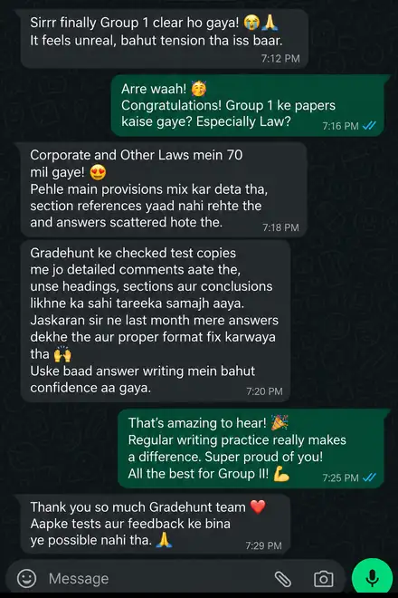A student clears CA Inter Group 1 with 70 in Corporate and Other Laws and credits the comments on checked test copies.