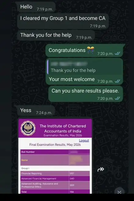A student clears CA Final Group 1, becomes a CA, and shares the result.