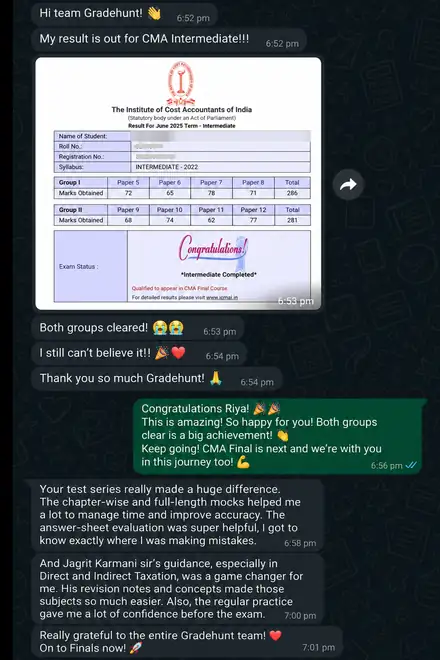 A student clears both groups of CMA Inter and thanks Gradehunt for the mocks and answer-sheet evaluation.