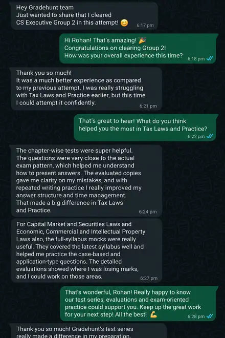 A student clears CS Executive Group 2 and says the chapter-wise tests helped most in Tax Laws.