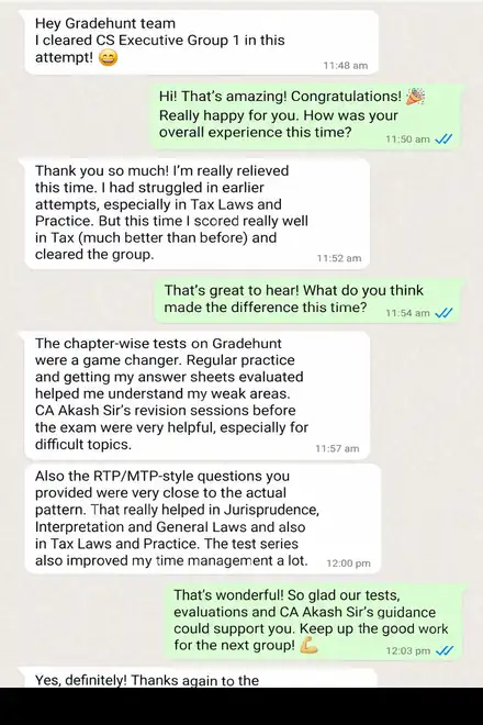 A student clears CS Executive Group 1 after earlier attempts and credits the chapter-wise tests and evaluated answer sheets.