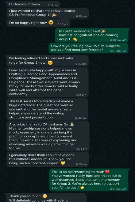 A student clears CS Professional Group 1 and thanks Gradehunt for the test series and mentorship.