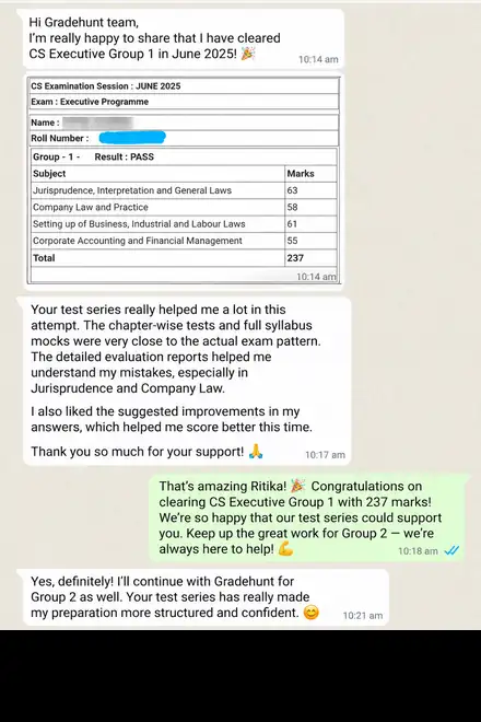 A student clears CS Executive Group 1 with 237 marks and thanks Gradehunt for the mocks and evaluation reports.