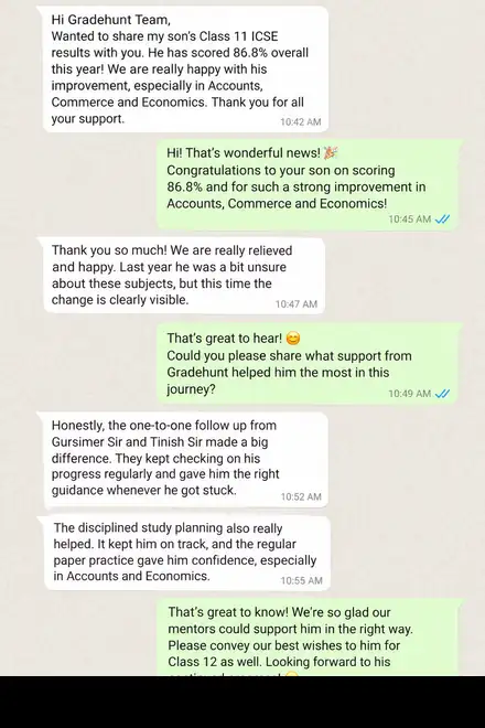 A parent shares that their son scored 86.8% in Class 11 and thanks Gradehunt for the regular paper practice.