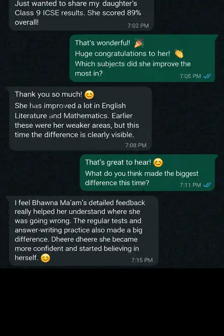 A parent shares that their daughter scored 89% in ICSE Class 9 and thanks Gradehunt for the detailed feedback.