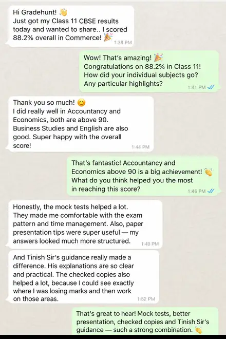 A CBSE Class 11 commerce student scores 88.2% and says the mock tests and checked copies helped.