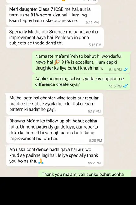 A parent, writing in Hindi, shares that their daughter scored 91% in ICSE Class 7.